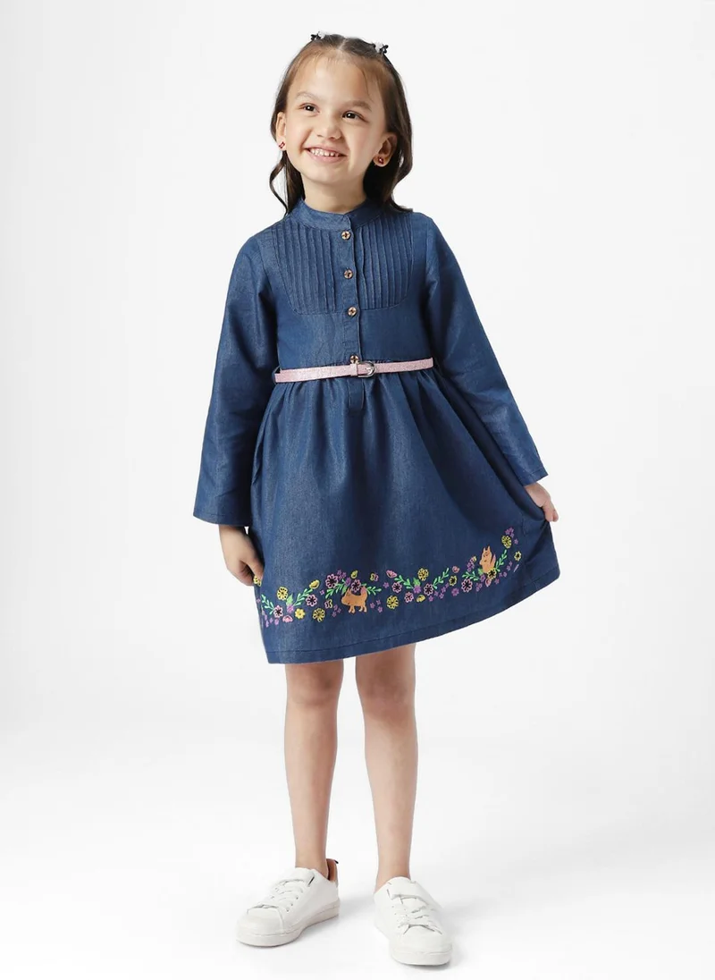Nautinati Girls' Solid Floral & Animal Embroidered Denim A-Line Dress with Belt